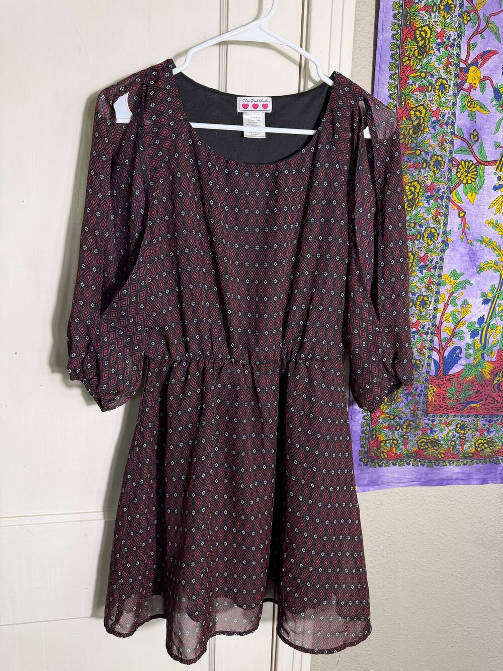 Three Pink Hearts Dress S Deep Berry Geometric Puff Sleeve Cutout Mini